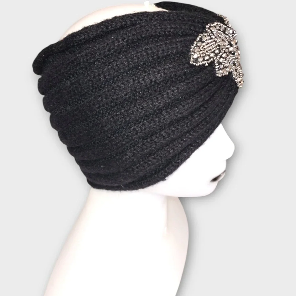C.C.‎ EXCLUSIVES 20s Style Black Knit Turban Jeweled Embellished Headband Womens